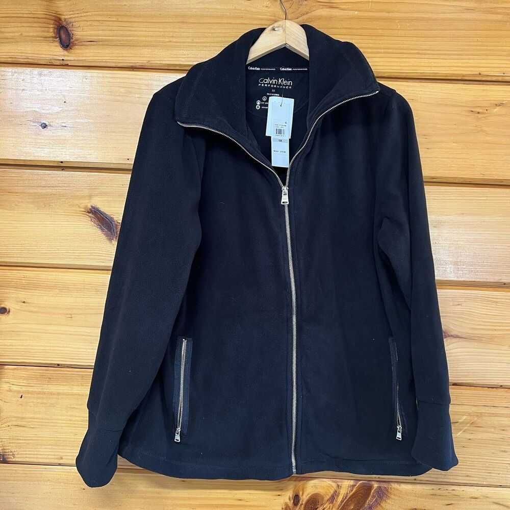 Calvin Klein Fleece Jacket 1X Solid Black Performance Fleece Gold Hardware